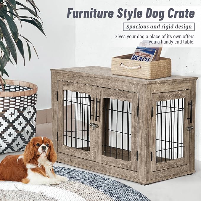 Dog Crate Furniture, 32 inch Medium Dog Crates with Bed Mat, Wooden Dog Kennel Furniture, End Side Table Dog Cage with 3 Doors, Greige