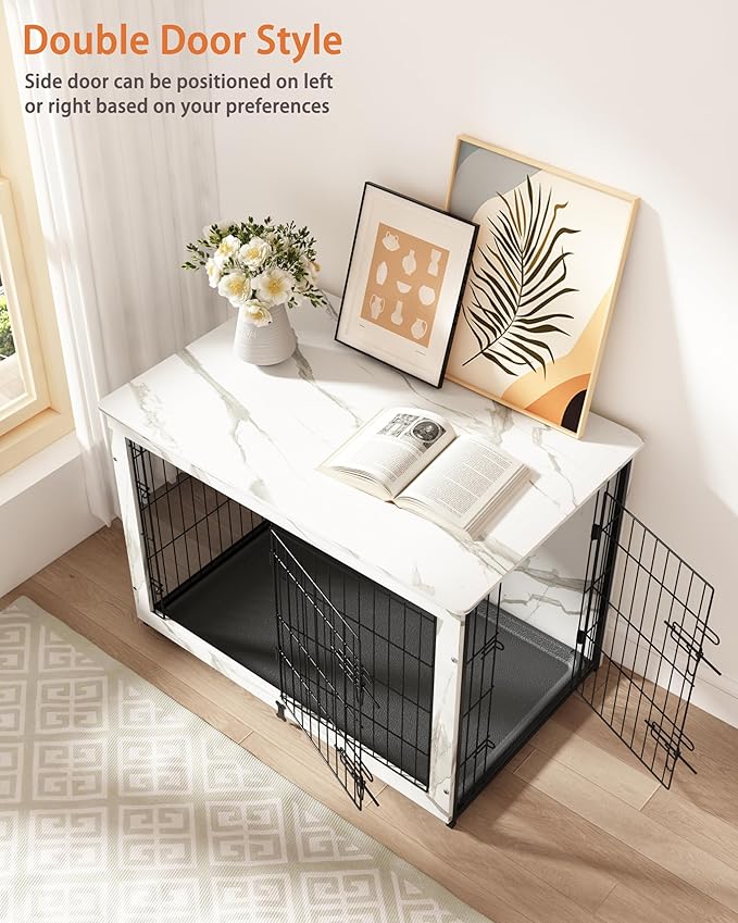 Megidok Wooden Dog Crate Furniture with Cushion, End Table with Tray, Double Doors (L:37" W:25" D:26" H, Marble White)