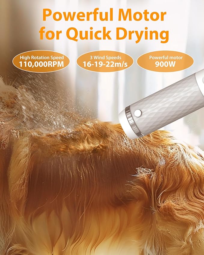 Low Noise Pet Grooming Blower - Handhold Portable High Velocity Hair Dryer for Dogs and Cats with Intelligent Temperature Control, 3 Fan Speeds