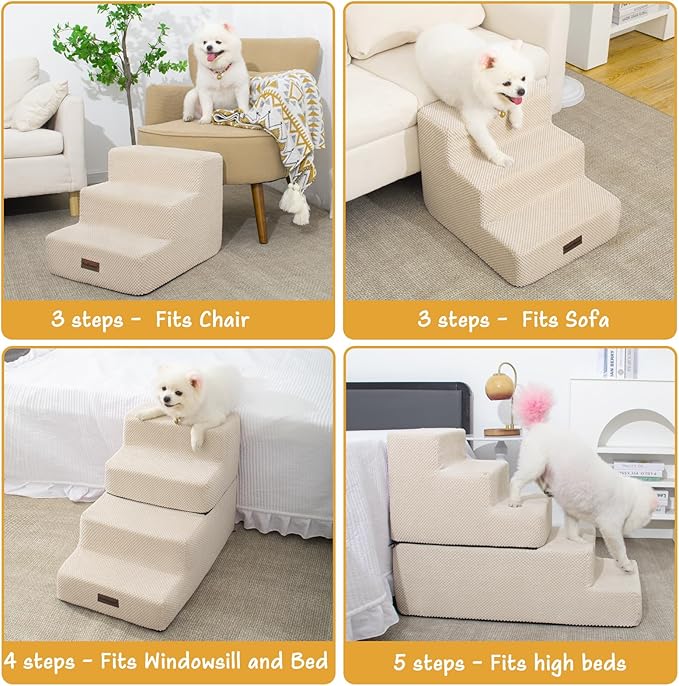 5-Step Dog Stairs to Bed, Dog Steps for High Beds and Couch, Non-Slip Pet Stairs for Small Dogs and Cats,Dog Bed Stairs, Beige, 3/4/5 Steps