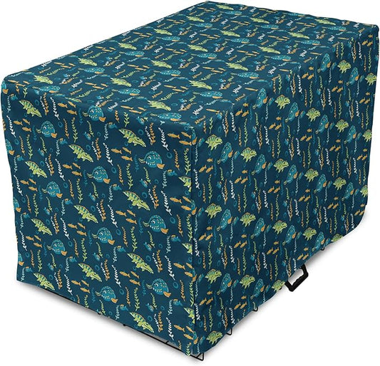 Lunarable Jurassic Dog Crate Cover, Evolution Marine Dinosaurs and Nautical Foliage Animal, Easy to Use Pet Kennel Cover for Medium Large Dogs, 48 Inch, Petrol Blue Pale Green