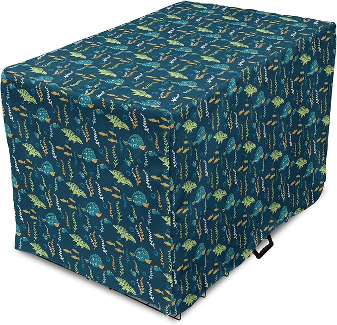 Lunarable Jurassic Dog Crate Cover, Evolution Marine Dinosaurs and Nautical Foliage Animal, Easy to Use Pet Kennel Cover for Cats & Medium Dogs, 30 Inch, Petrol Blue Pale Green