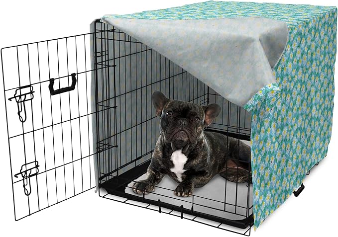 Lunarable Yellow and Blue Dog Crate Cover, Meadow Art Pattern with Ladybirds and Chamomile Daisy Blossoms, Easy to Use Pet Kennel Cover for Cats & Medium Dogs, 24 Inch, Aqua White Marigold