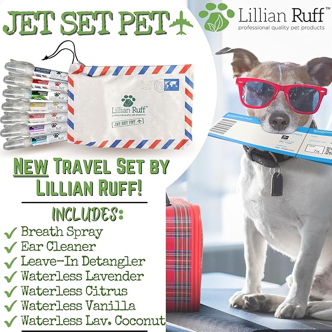 Lillian Ruff Travel Kit for Dogs | Dog Grooming Spray for Airline Travel, Dog Camping, Dog Beach | Deodorizing Waterless Dog Shampoo x4, Dog Breath Freshener, Dog Detangler Spray, Dog Ear Cleaner