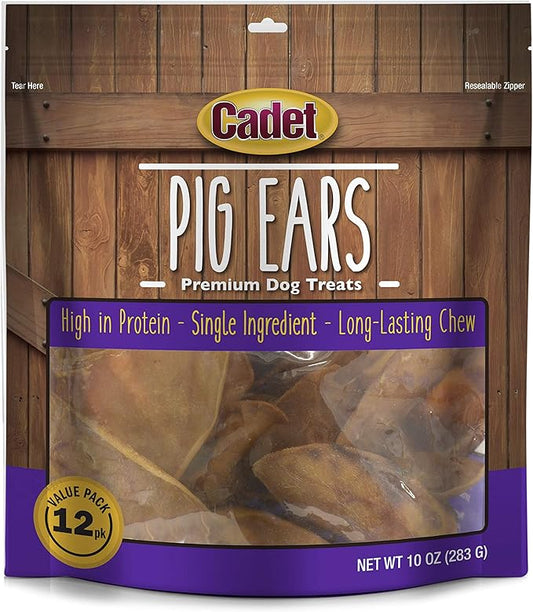 Cadet Natural Pig Ears for Dogs, Long Lasting & Natural Chew Treats for Dogs, 12 Count