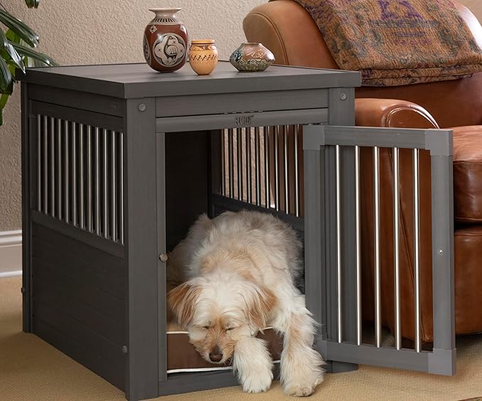 New Age Pet® ECOFLEX® Dog Crate Furniture End Table, Durable Wood-Plastic Composite, Stainless Steel Latch, Easy Assembly, Grey Medium