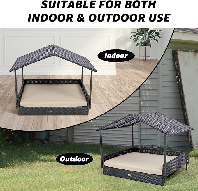 NATURAL EXPRESSIONS 2-in-1 Wicker Dog House,Elevated Dog Bed for Indoor/Outdoor with Removable Canopy,Large Dog House with Raised Pet Cot Cool, Breathable, Shade, waterrproof with Non-Slip Feet