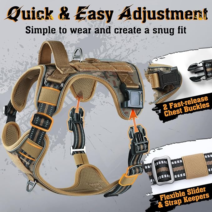 rabbitgoo Dog Harness for Large Dogs No Pull, Tactical Service Dog Vest with Molle and Control Handle, Adjustable and Reflective Military Pet Harness for Easy Walking and Training, Desert camo, L