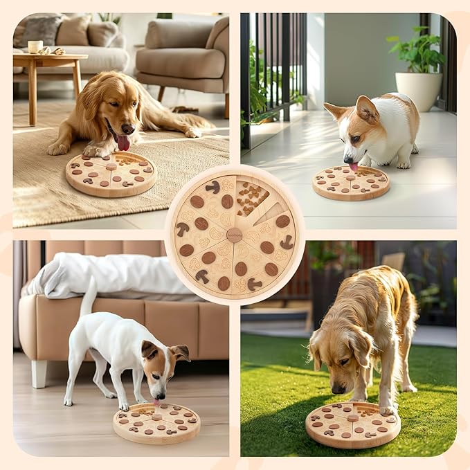 LOOBANI Dog Puzzle Toys Wooden - Slow Feeder Interactive Toys IQ Training for Small to Large Dogs -Pizza Pattern