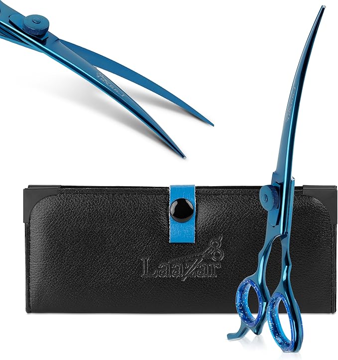 Laazar Dog Grooming Scissors - 7.5 Inch Curved Grooming Scissors for Dogs, 440C Stainless Steel Pet Grooming Scissors with Finger Rest & Case, Dog Shears for Grooming, Cat Grooming Supplies