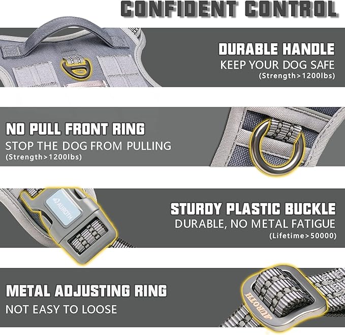Auroth Tactical Dog Harness for Large Dogs No Pull Adjustable Pet Harness Reflective K9 Working Training Easy Control Pet Vest Military Service Dog Harnesses Grey L
