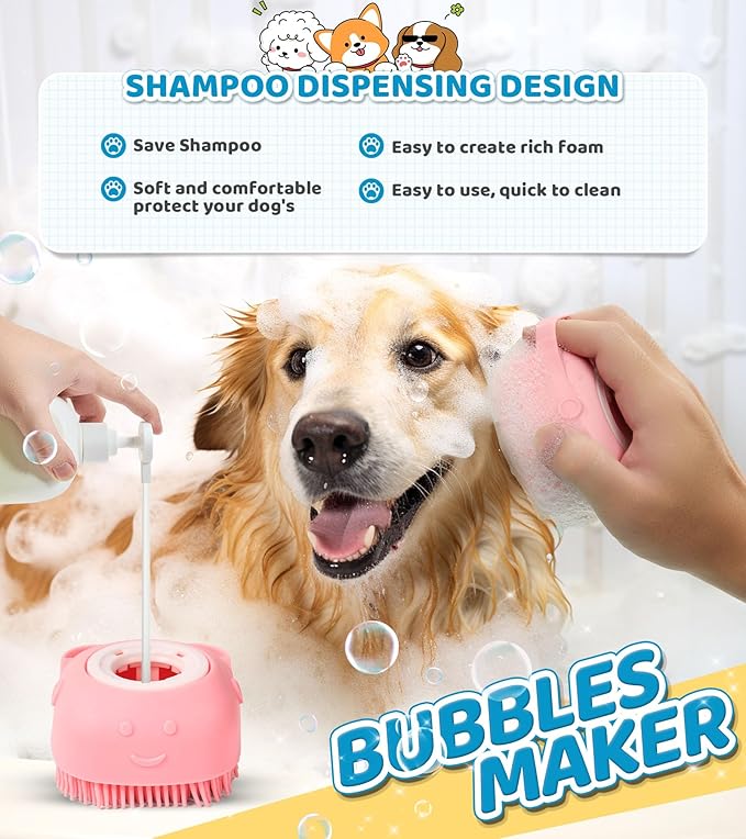 4PCS Dog Bath Brush Pet Shampoo Brush with Adjustable Ring Handle Soft Massage Dispenser Brush for Short Long Haired Dogs Cats Showering(Pink Pink Yellow)