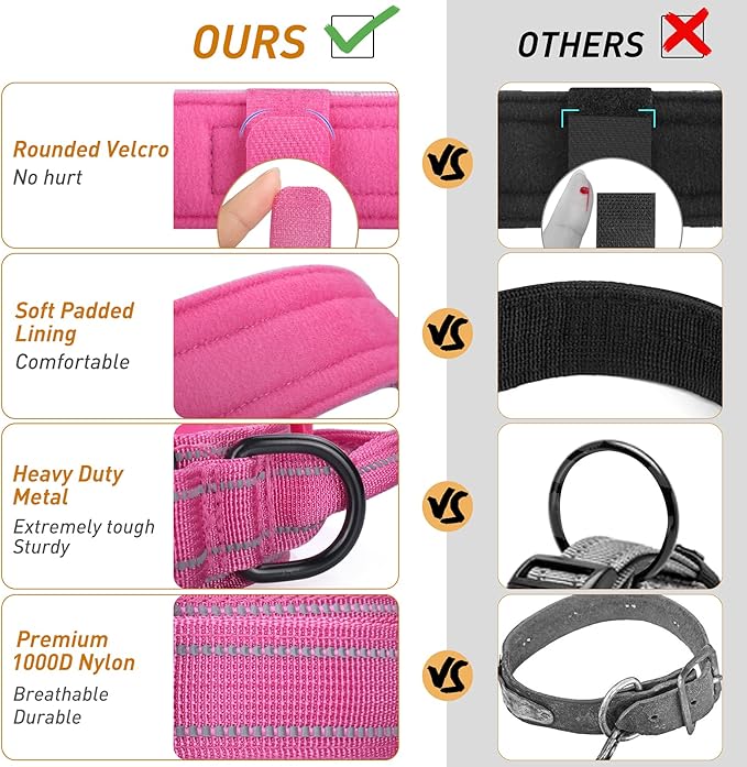 AUBELL Reflective Dog Collar, Tactical Dog Collar Adjustable Military Nylon Collars with Handle and Heavy Duty Metal Buckle for Medium Large Dogs, with 2 Patches and Airtag Case Holder (Pink, XL)
