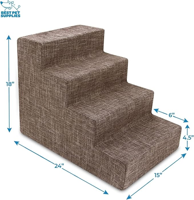 Best Pet Supplies Portable Foldable Foam Pet Stairs/Steps for Couch, Sofa, and High Bed, Non-Slip Bottom Balanced Paw Safe - Brown Linen, Foldable 4-Step (H: 22")