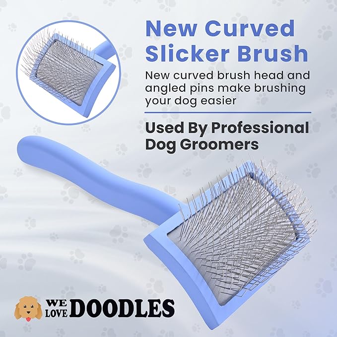 We Love Doodles Dog Slicker Brush for Grooming Pet Hair - Best Brushes For Poodle & Golden Doodle - Long Haired Brush For Dogs - Goldendoodle Long Pin Comb For Dematting (Medium Curved)