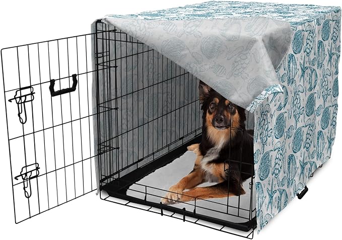 Lunarable Under The Sea Dog Crate Cover, Hand Drawn Sketch Art Style Fauna of The Sea Turtle Starfish and Fishes, Easy to Use Pet Kennel Cover for Medium Large Dogs, 36 Inch, Blue White