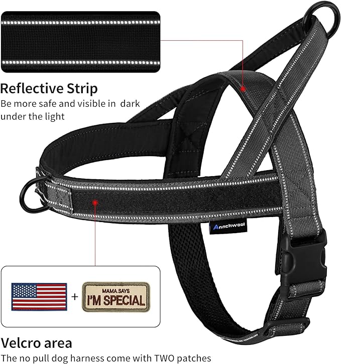 Annchwool No Pull Dog Harness with Padded Handle+5 Ft Leash,Reflective Strip Escape Proof and Quick Fit to Adjust Dog Harness,Easy for Training Walking for Small & Medium and Large Dog(Black-Set,L)