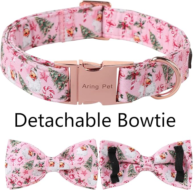 ARING PET Christmas Dog Collar-Cotton Pink Santa Claus Dog Collar with Bow, Adjustable Christmas Bowtie Dog Collars Pet Necklace with Metal Buckle for Girl&Boy Dogs