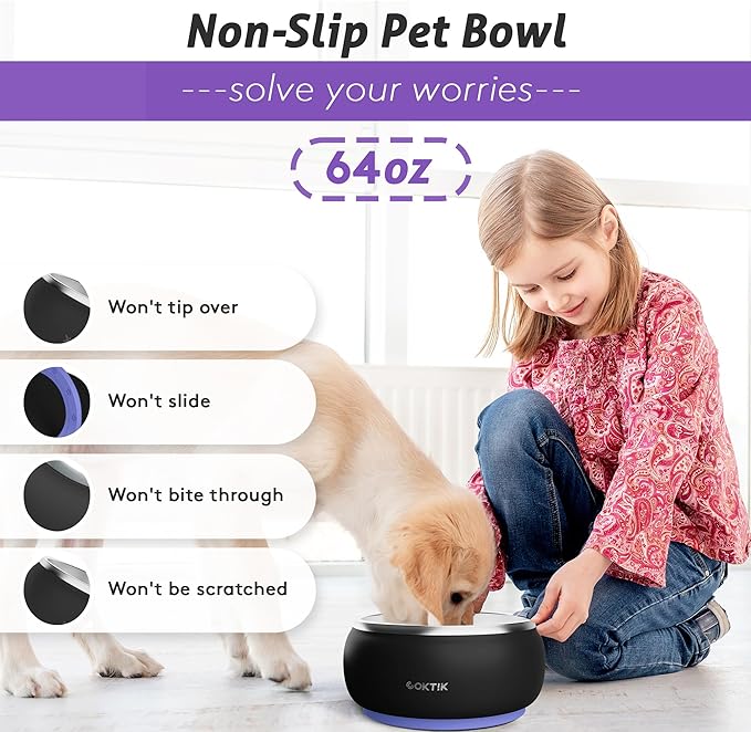 COKTIK Dog Bowl, Insulated Stainless Steel Food Bowls for Dogs & Cats, Non-Slip Dog Bowls Water Bowl Large Breed, Easy to Clean, Durable and Dishwasher Safe (64oz, Black)