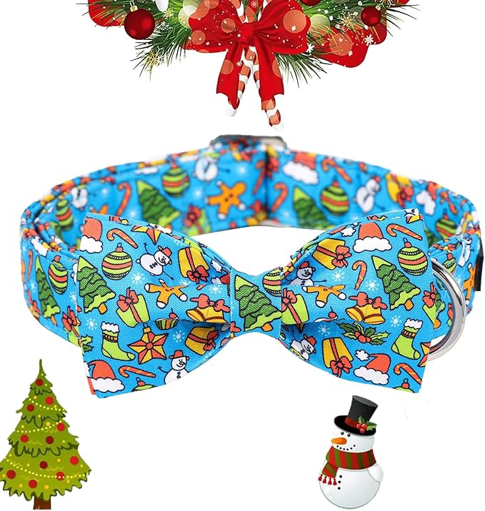 Maca Bates Christmas Dog Collar Cotton Soft Christmas Tree Dog Collar with Metal Buckle Christmas Dog Bow Tie Adjustable for Small Medium Large Dog