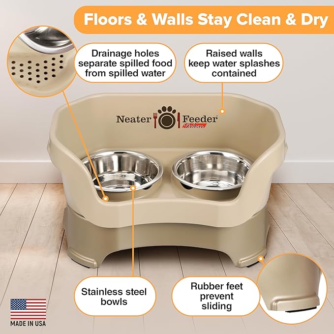 Neater Feeder Deluxe Mess Proof Dog Bowls Elevated Medium Sized Dog Breed – Made in USA – No Spill Raised Dog Food Bowl Stand – Stainless Steel Food and Water Bowl Set, Pet Feeding Station, Cappuccino