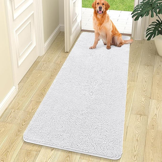 OLANLY Dog Door Mat for Muddy Paws 70x24, Absorbs Moisture and Dirt, Absorbent Non-Slip Washable Mat, Quick Dry Chenille, Mud Mat for Dogs, Entry Indoor Door Mat for Inside Floor, White