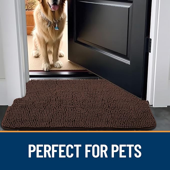 OLANLY Dog Door Mat for Muddy Paws 30x20, Absorbs Moisture and Dirt, Absorbent Non-Slip Washable Mat, Quick Dry Chenille, Mud Mat for Dogs, Entry Indoor Door Mat for Inside Floor, Brown