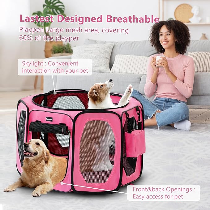 Dog Playpen, Cat Dog Crate Portable Pet Exercise Cage Kennel House Puppy Playpen Animal Playpen Indoor/Outdoor, Water-Resistant Kennel Tent with Traveling Bag (Pink, Medium)