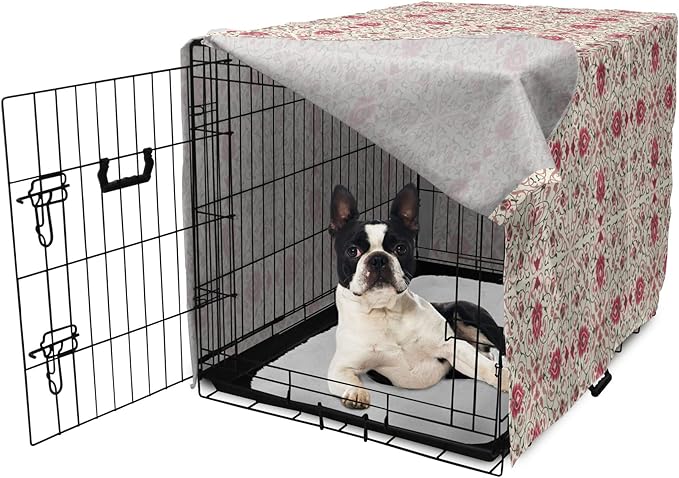 Lunarable Traditional Dog Crate Cover, Lotus Motif with Petals Swirled Stalks and Leaves, Easy to Use Pet Kennel Cover for Small Dogs Puppies Kittens, 22 Inch, Champagne Dried Rose