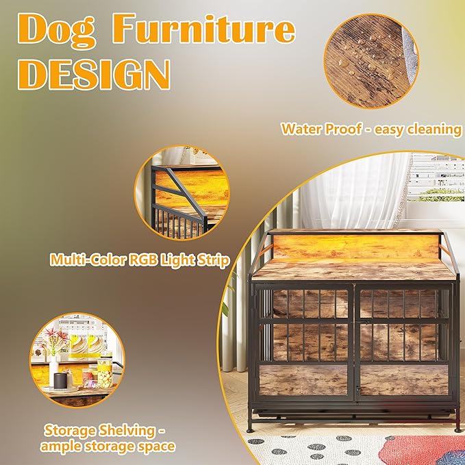 Dog Crate Furniture with Led Lights,Heavy Duty Wooden Dog Kennel with Double Doors,Dog House Indoor for Small Medium Dogs,End Table with Shelves,Black and Brown(34.65" L×24.02W×31.5" H)