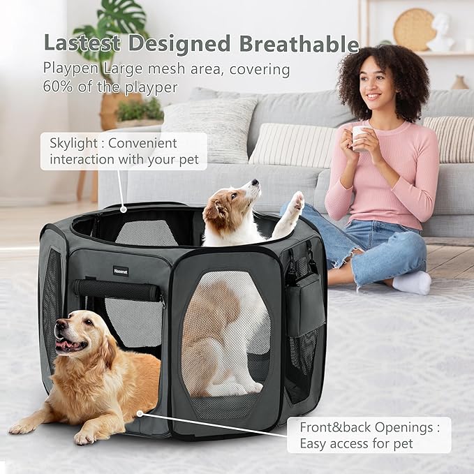 Dog Playpen, Cat Dog Crate Portable Pet Exercise Cage Kennel House Puppy Playpen Animal Playpen Indoor/Outdoor, Water-Resistant Kennel Tent with Traveling Bag (Grey, Medium)