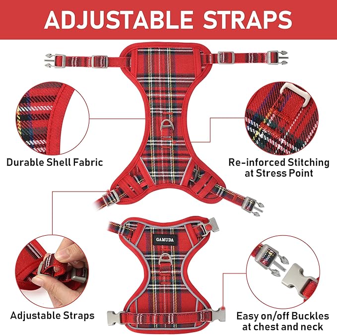 GAMUDA Dog Harness Collar and Leash Set, Dog Harness, No Chock No Pull Adjustable Vest Harnesses Plaid Reflective for Medium Dog, Cat, Small Horse, Small Bull and Pig (Red, L)