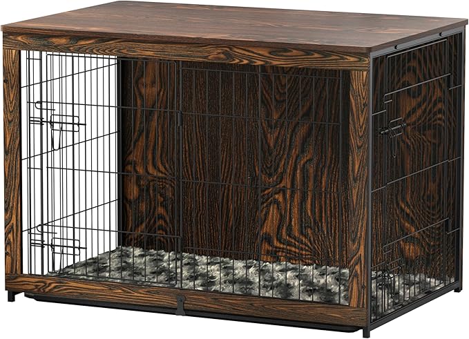 Megidok Wooden Dog Crate Furniture with Cushion, Dog Crate End Table with Tray, Double Doors Dog Crate(*L:43.1" L*28.6" W*30.3" H, Rustic Style)