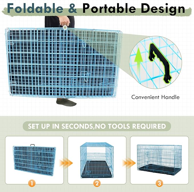 PayLessHere Large Dog Crate Kennel for Medium Large Dogs 36 inches Metal Dog Cage Double-Door Folding Travel Indoor Outdoor Puppy Playpen with Divider and Handle Plastic Tray,Blue