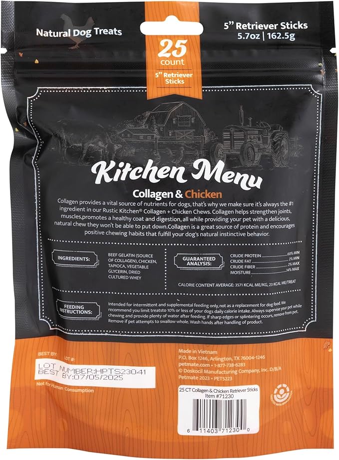 Chicken Collagen Sticks for Dogs, Dog Chews Long Lasting, Rawhide Free, 25 Count (Real Chicken), Bully Sticks for Large, Medium, and Small Dogs