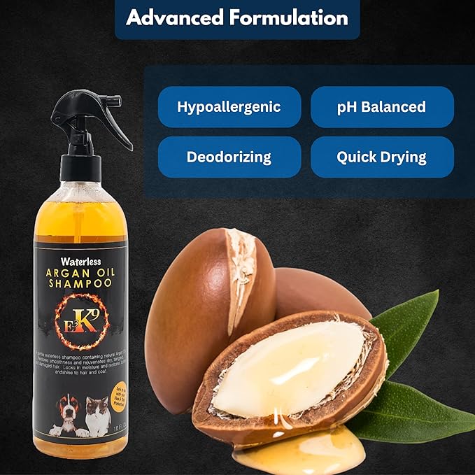 E3 Waterless Dog Shampoo 16 oz - Argan Oil Scented Dry Shampoo for Dogs & Cats - No Rinse - Waterless Pet Shampoo for Grooming - Softens Coat & Controls Odor - Dog Dry Shampoo, Safe & Easy Bathing