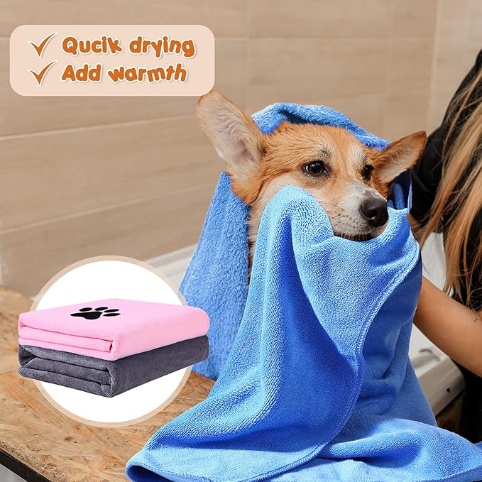 Kenning 6 Pieces Dog Towel Large Soft Pet Grooming Towel Absorbent Microfiber Dog Grooming Supplies with Embroidered Paw for Drying Dogs Cats Bathing Essentials, 20 x 39 Inch, Gray, Blue, Pink
