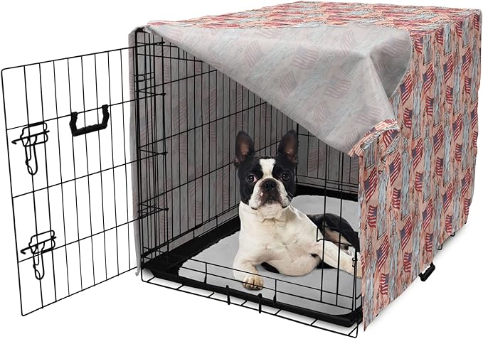 Ambesonne USA Dog Crate Cover, United States America Liberty Rhythmic Print, Easy to Use Pet Kennel Cover for Small Dogs Puppies Kittens, 18 Inch, Coral Multicolor