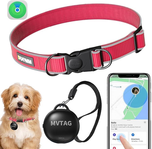 Dog Tracker GPS Collar No Monthly Fee, Real-Time Mini Pet Tracker for Small Medium Large Dogs, Reflective Waterproof Dog Tracking Collar with Bell, Indoor & Outdoor (Only for iOS)