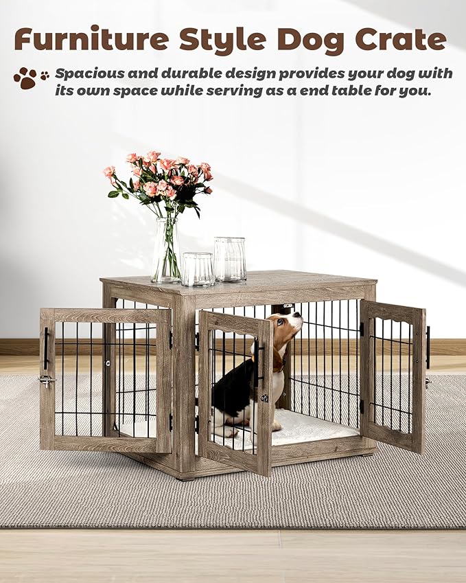 Dog Crate Furniture, 32 inch Medium Dog Crates with Bed Mat, Wooden Dog Kennel Furniture, End Side Table Dog Cage with 3 Doors, Greige
