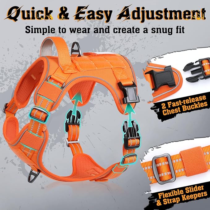 rabbitgoo Dog Harness for Large Dogs No Pull, Tactical Service Dog Vest with Molle and Control Handle, Adjustable and Reflective Military Pet Harness for Easy Walking and Training, Orange, XL