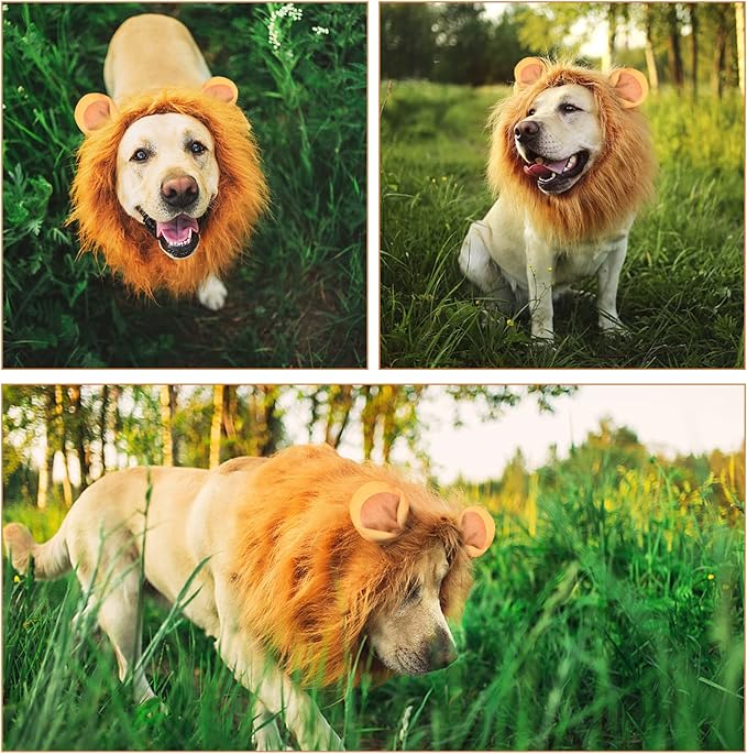 Dog Lion Mane Costume - Realistic Mane with Ears for Medium to Large Sized Dogs, Pet Halloween Costumes Birthday Party Cosplay Apparel