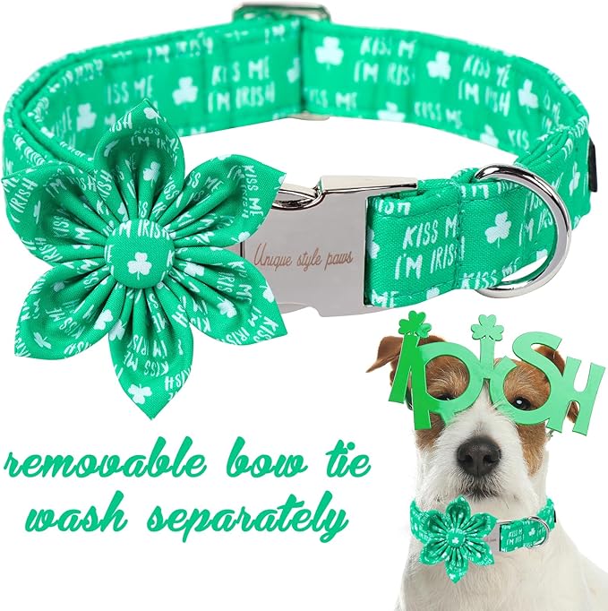 Unique Style Paws St. Patrick's Day Dog Collar with Bow Green Clover Dog Collar Flower Bowtie Collar for Large Medium Small Dogs