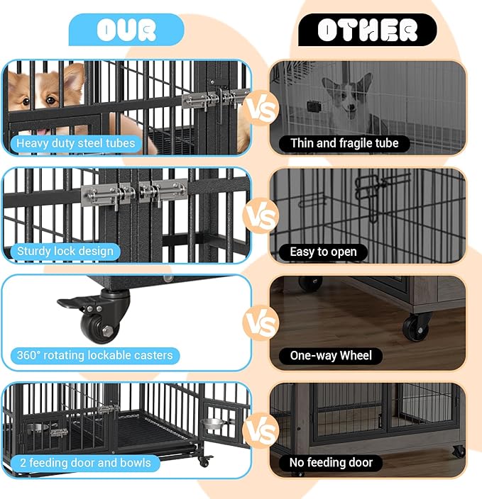 Metal Dog Crate, 42 Inch Heavy Duty Dog Crate with Divider, 2 Feeding Door and Bowls, Dog Kennel Indoor with Wheels, for 2 Small Dogs/1 Large Dog