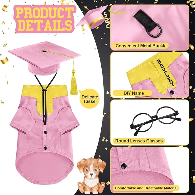 5 Pcs Dog Graduation Costume Set Include 2025 Pet Graduation Gown with Stole Puppy Grad Cap Lensless Glasses DIY Letter Stickers for Dogs Cats Holiday Costume Accessory(Pink Yellow,S)