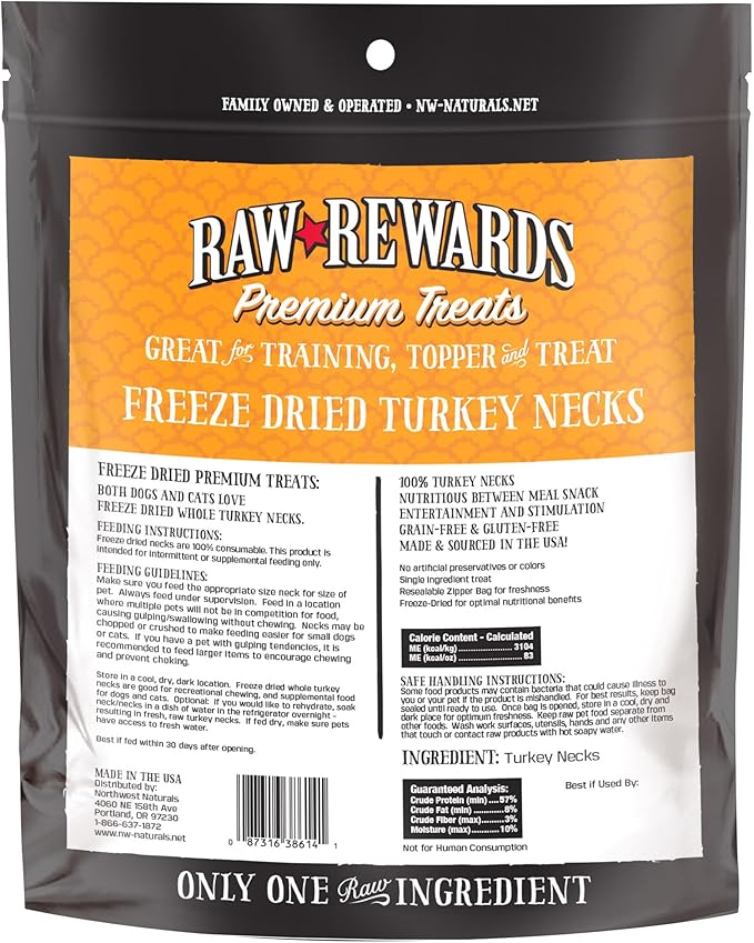 Northwest Naturals Raw Rewards Freeze-Dried Turkey Neck Treats for Dogs and Cats - Bite-Sized Pieces - Healthy, 1 Ingredient, Human Grade Pet Food, All Natural - 6 Oz (Pack of 3)