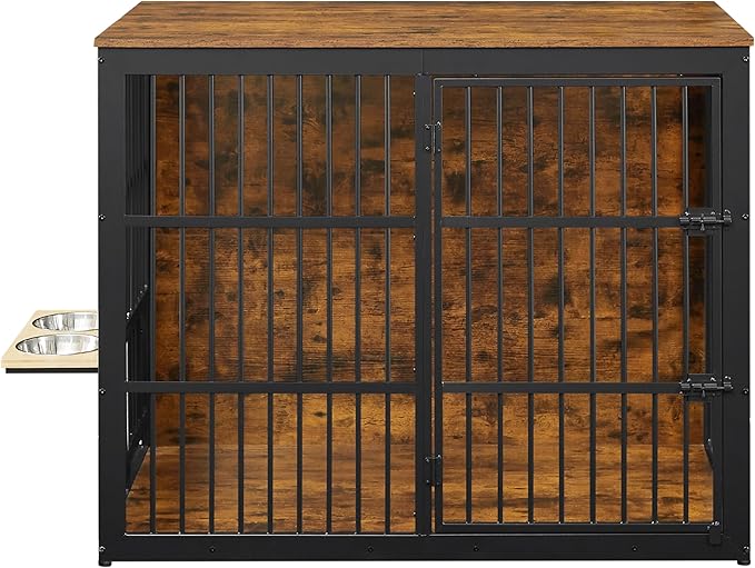 Dog Crate Furniture, 48 Inch Dog Kennel Furniture, Wooden Dog Crate Furniture Large Breed with Rotating Bowls, Heavy Duty Dogs Cage Furniture Indoor, Decorative Crates End Table, Brown