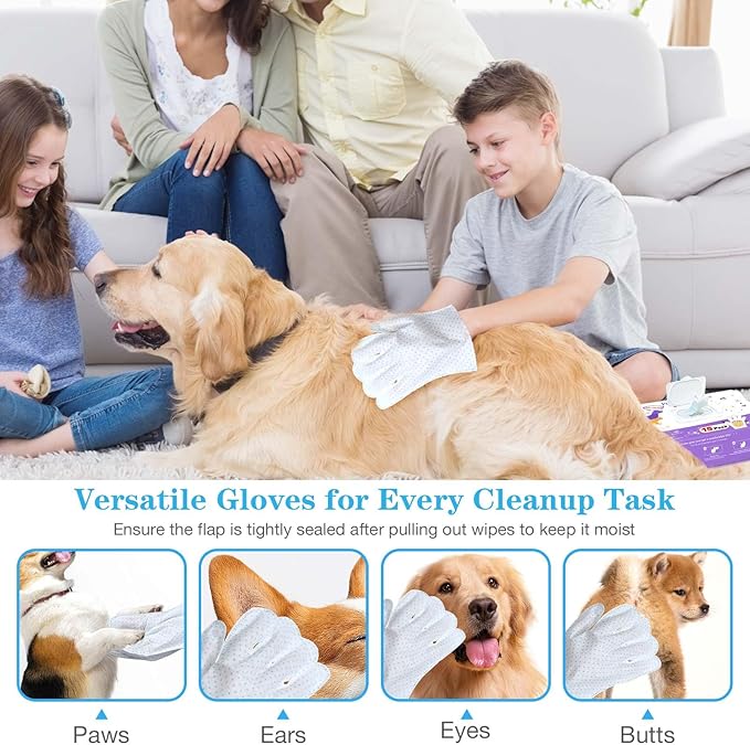 Dog Cleaning Gloves Wipes 15pcs Deodorizing Disposable Pet Grooming Bathing Gloves Extra Thick, No Rinse Shampoo Dry Cleaning Gloves Lick Safe for Dogs & Cats Paw Face Ear Fur and Butt