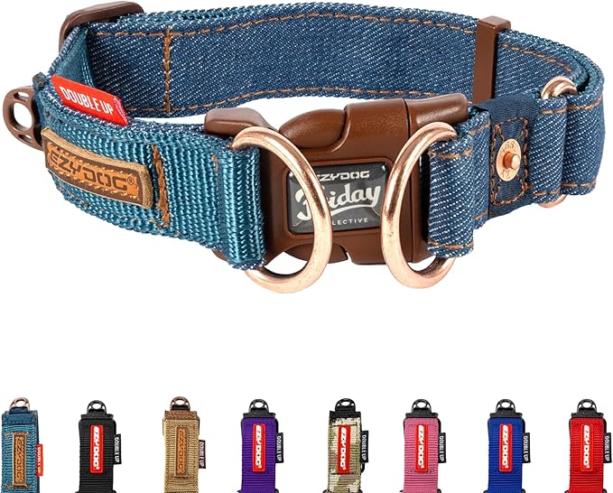 EzyDog Double Up Premium Nylon Dog Collar - Double D-Rings for Superior Strength, Safety, and Comfortability - Non-Rusting and Includes an ID Attachment (Small, Denim)