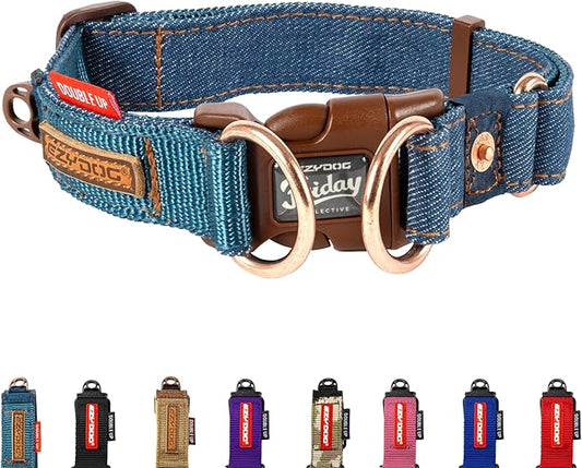 EzyDog Double Up Premium Nylon Dog Collar - Double D-Rings for Superior Strength, Safety, and Comfortability - Non-Rusting and Includes an ID Attachment (Small, Denim)